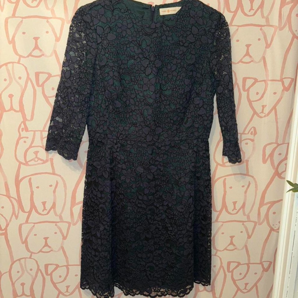 Tory Burch Boho Blue Lace Over Green Lined Floral Lace Sheath Cocktail Knee Dres